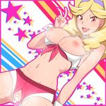  annosada bad_id bad_pixiv_id blonde_hair boobies_uniform breasts bursting_breasts censored cum cum_in_pussy earrings hairband heart heart_censor honey_(space_dandy) jewelry large_breasts lipstick long_hair makeup navel nipples open_mouth pussy short_shorts shorts smile solo space_dandy star sweat v wrist_cuffs 