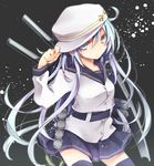  adjusting_clothes adjusting_hat black_legwear blue_eyes hammer_and_sickle hat hibiki_(kantai_collection) kantai_collection kuroi_(liar-player) long_hair looking_at_viewer school_uniform serafuku silver_hair skirt solo thighhighs verniy_(kantai_collection) 