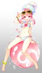  :d anklet ball barefoot beachball bikini bracelet eyewear_on_head frilled_bikini frills hat highres jakuzure_nonon jewelry kill_la_kill open_mouth pink_eyes pink_hair platina77 short_hair sidelocks sitting skull_print smile solo sunglasses swimsuit 