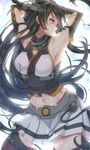  bare_shoulders black_hair bloom contrapposto elbow_gloves gloves headgear highres kantai_collection long_hair midriff nagato_(kantai_collection) red_eyes satomachi skirt solo standing thighhighs very_long_hair 