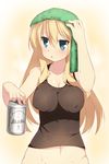 alcohol asahi_breweries beer beer_can bismarck_(kantai_collection) blonde_hair blue_eyes blush breasts can cleavage highres hoppege kantai_collection large_breasts long_hair solo tank_top towel towel_on_head wet 
