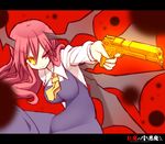  &gt;:) breasts demon_wings finger_on_trigger golden_gun gun handgun head_wings heterochromia holding holding_gun holding_weapon koakuma kuresento large_breasts left-handed long_hair red_eyes red_hair sketch smile solo touhou uneven_eyes v-shaped_eyebrows weapon wings yellow_eyes 