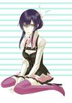  aquarion_(series) aquarion_evol between_legs boots bow green_eyes hair_between_eyes hair_bun hair_ornament hair_ribbon high_heel_boots high_heels highres horizontal-striped_background kauto looking_at_viewer mikono_suzushiro open_mouth pale_skin pleated_skirt purple_footwear purple_hair purple_legwear ribbon sidelocks simple_background sitting skirt solo striped striped_background thigh_boots thighhighs wariza white_background zettai_ryouiki 
