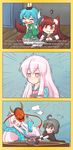  3koma 4girls :3 ;p ? absurdres ahoge anchor_symbol anger_vein animal_ears black_hair blush border bowl brooch brown_hair comic commentary dress english english_commentary expressionless fang hat hata_no_kokoro head_fins highres houjuu_nue imaizumi_kagerou japanese_clothes jewelry jitome long_hair long_sleeves mask mermaid monster_girl multiple_girls one_eye_closed oni_mask onion open_mouth parody pink_eyes pink_hair plaid plaid_shirt red_eyes shirt short_hair smile spongebob_squarepants tail tail_wagging tears tongue tongue_out touhou trembling wakasagihime wolf_ears wolf_tail wool_(miwol) yellow_border 