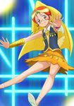  bangle bindi blue_background bracelet brooch brown_eyes forehead_jewel gem glasses hair_ornament happinesscharge_precure! haruyama_kazunori head_scarf jewelry light_smile looking_at_viewer orange_hair orange_haired_cure_(wonderful_net_precure)_(happinesscharge_precure!) panties pantyshot precure sleeveless solo underwear upskirt vest wings 