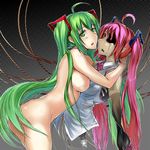  ahoge android cable damaged green_eyes green_hair hatsune_miku highres long_hair multiple_girls nude parts_exposed pink_eyes pink_hair twintails very_long_hair vocaloid yuki_tarou 
