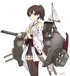  amagai_tarou bare_shoulders boots brown_eyes brown_hair cosplay detached_sleeves highres japanese_clothes kaga_(battleship) kaga_(kantai_collection) kantai_collection kongou_(kantai_collection) kongou_(kantai_collection)_(cosplay) looking_at_viewer nontraditional_miko short_hair side_ponytail simple_background skirt solo thigh_boots thighhighs twitter_username white_background 