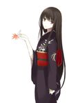  bangs black_hair blunt_bangs japanese_clothes kauto kimono leaf long_hair maple_leaf obi original parted_lips profile red_eyes sash simple_background solo white_background 