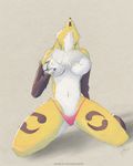  breast_grab breasts canine chest_tuft digimon elbow_gloves female fox fur gloves kneeling mammal navel northboundfox open_mouth plain_background renamon solo spread_legs spreading tuft underwear 