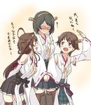  bare_shoulders black_hair blush boots brown_hair detached_sleeves engiyoshi glasses hairband height_difference hiei_(kantai_collection) highres japanese_clothes kantai_collection kirishima_(kantai_collection) kongou_(kantai_collection) long_hair multiple_girls nontraditional_miko open_mouth short_hair skirt smile tall thigh_boots thighhighs translated zettai_ryouiki 