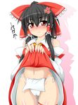  anger_vein bare_shoulders black_hair blush bow detached_sleeves dress dress_lift fundoshi hair_bow hair_tubes hakurei_reimu japanese_clothes kokujuuji looking_at_viewer midriff navel red_dress red_eyes solo tears touhou wavy_mouth 