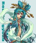  blue_hair character_name choker djinn_equip forehead_jewel hair_ornament long_hair magi_the_labyrinth_of_magic navel open_mouth red_eyes ren_kougyoku solo 