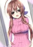  :d antenna_hair bow breasts brown_eyes brown_hair clannad door furukawa_sanae hair_bow long_hair masayu medium_breasts open_mouth ponytail ribbed_sweater smile solo sweater turtleneck 