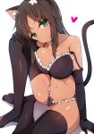  1girl alice_gear_aegis animal_ears bikini black_gloves black_legwear blush breasts brown_hair cameltoe cat_ears cat_tail cleavage dark_skin elbow_gloves gloves green_eyes highres kaneshiya_sitara large_breasts long_hair looking_at_viewer navel off_shoulder ripe.c sitting smile solo swimsuit tail thighhighs 