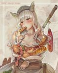  animal_ears apple bag blush bread breasts cleavage eating food fruit hat large_breasts meat pixiv_fantasia pixiv_fantasia_fallen_kings red_eyes sandwich sausage silver_hair solo tail walzrj 