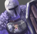  bad_id bad_pixiv_id blonde_hair bow coat door dress fur grey_background hair_ribbon helmet knight lever long_hair ribbon robot scratches screen screen_light shanghai_doll shield simple_background soim solo touhou 