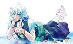  antama_(yo-mindo) blue_eyes bracelet jewelry long_hair lying male_focus nagi_no_asukara on_stomach saucer silver_hair solo uroko_(nagi_no_asukara) 