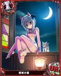  animal_ears bandeau bare_shoulders card_(medium) cat cat_ears chess_piece crescent_moon elbow_gloves feet foreshortening gloves high_school_dxd looking_at_viewer midriff moon official_art pink_legwear rook_(chess) silver_hair solo stirrup_legwear strapless thighhighs toeless_legwear toujou_koneko trading_card yellow_eyes 