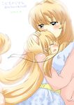  2girls bags_under_eyes blonde_hair brown_hair child closed_eyes commentary_request crying dated dress hair_bobbles hair_ornament hug jewelry kodomo_no_jikan kokonoe_(kokonoe2) kokonoe_aki kokonoe_rin long_hair mother_and_daughter multiple_girls necklace open_mouth tears translation_request twintails very_long_hair 