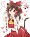  animal_ears ascot bare_shoulders bow brown_hair cat_ears cat_tail detached_sleeves fang fang_out hair_bow hair_tubes hakurei_reimu haruki_(colorful_macaron) heart heart_of_string kemonomimi_mode looking_at_viewer midriff navel nontraditional_miko paw_pose paw_print red_eyes shirt skirt smile solo tail touhou white_background wide_sleeves 