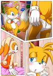  blue_eyes blush brown_eyes canine comic cream_the_rabbit crossdressing dialog dress english_text female fox fox_tail fur lagomorph mammal miles_prower mobius_unleashed multiple_tails one_eye_closed open_mouth orange_fur palcomix rabbit sega sonic_(series) text 