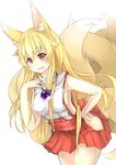  animal_ears blonde_hair breasts canine clothing fangs female fox fox_ears fox_tail foxgirl hair hand_on_hip human long_hair looking_at_viewer mammal multiple_tails original plain_background red_eyes short_sleeves side_boob simple_background skirt slit_pupils smile white_background 