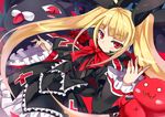  :3 black_dress blazblue blonde_hair blush bow cat creature dress expressionless frills gii kiyoichi_(acacia_soukyoukai) long_hair nago rachel_alucard red_bow red_eyes ribbon twintails 