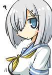  ? blue_eyes blush_stickers goma_(gomasamune) hair_ornament hair_over_one_eye hairclip hamakaze_(kantai_collection) kantai_collection neckerchief school_uniform serafuku short_hair short_sleeves silver_hair solo upper_body yellow_neckwear 