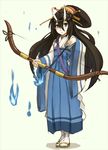  arrow black_hair blue_eyes blue_fire blue_hakama bow bow_(weapon) comb expressionless fire flame hair_between_eyes hair_ornament hair_stick hakama holding holding_arrow holding_bow_(weapon) holding_weapon horns japanese_clothes kanzashi kimono left-handed long_hair nontraditional_miko original sandals senhappyaku shide solo tabi weapon white_background wide_sleeves 