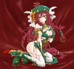  adapted_costume blue_eyes braid breasts bridal_gauntlets cleavage detached_sleeves dress facial_mark garter_straps green_dress hand_on_own_chest hat highres hong_meiling large_breasts ledjoker07 long_hair looking_at_viewer low-tied_long_hair red_hair side_slit sitting solo star thighhighs touhou very_long_hair white_legwear 