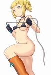  blonde_hair blue_eyes blush_stickers boots bottomless bra breasts choker commentary_request covered_nipples drill_hair eyelashes gloves gundam gundam_build_fighters highres medium_breasts navel simple_background solo tof underboob underwear whip white_background yajima_caroline 