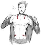  1boy abs choker fullmetal_alchemist greed grin homunculus jacket male male_focus monochrome musical_note navel pbt red_eyes sharp_teeth shirtless short_hair sketch smile solo spiked_hair spot_color undressing wink 