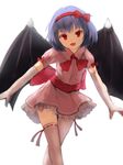  bat_wings blue_hair bow dress fangs flat_chest frilled_dress frilled_skirt frills gloves hair_ornament hair_ribbon highres large_bow looking_at_viewer miniskirt mismatched_legwear no_hat no_headwear open_mouth pink_dress puffy_short_sleeves puffy_sleeves red_eyes remilia_scarlet ribbon shone short_hair short_sleeves simple_background single_thighhigh skirt skirt_set smile solo standing thighhighs touhou white_background white_gloves white_legwear wings 