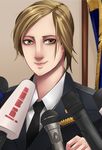  bangs brown_eyes brown_hair exaxuxer highres lips microphone military military_uniform natalia_poklonskaya necktie nose real_life short_hair smile solo swept_bangs uniform 