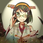  adjusting_eyewear aqua_eyes bare_shoulders black_hair blood blood_in_mouth blood_on_fingers blush cannon detached_sleeves glasses green-framed_eyewear hairband itomugi-kun japanese_clothes kantai_collection kirishima_(kantai_collection) nontraditional_miko short_hair smile solo turret 