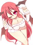  alternate_costume bare_shoulders bat_wings blush breasts cleavage head_wings koakuma kuresento large_breasts long_hair looking_at_viewer naked_sweater one_eye_closed red_eyes red_hair simple_background smile solo sweater touhou white_background wings 