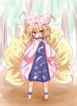  blonde_hair blush dress forest fox_tail hands_on_own_chest hat long_sleeves looking_at_viewer multiple_tails muuba nature open_mouth pillow_hat pink_dress solo tabard tail touhou wide_sleeves yakumo_ran yellow_eyes younger 