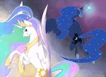  2014 blue_eyes crown cutie_mark equine female flying friendship_is_magic glowing gold horn horse magic mammal my_little_pony necklace pony princess_celestia_(mlp) princess_luna_(mlp) purple_eyes sparkles stickfigurequeen winged_unicorn wings 