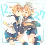  1girl :d blush brother_and_sister cardigan cheek-to-cheek closed_eyes fang hair_ornament hair_ribbon hairband hairclip holding_hands kagamine_len kagamine_rin leg_warmers one_eye_closed open_cardigan open_clothes open_mouth ousaka_nozomi ribbon sailor_collar shorts siblings smile twins vocaloid 
