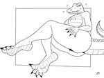  breasts butt claws crocodile female foot_focus hindpaw line_art monochrome paws reptile scalie smile teeth toes uncolored webbing zp92 