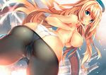  ass atago_(kantai_collection) black_legwear blonde_hair blush breasts cannon green_eyes hat kantai_collection large_breasts long_hair looking_back nipples panties panty_pull pantyhose parted_lips solo topless underwear white_panties windforcelan 