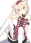  96tuki animal_ears armband bare_shoulders blonde_hair cat_ears collarbone detached_collar dress hair_ribbon hairband hand_behind_head original pantyhose purple_eyes ribbon short_hair simple_background sitting sleeveless smile solo tail white_background white_legwear 