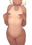  blush breasts covering dark_skin head_out_of_frame izumi_sai navel nipples original short_hair simple_background small_breasts solo tan tanline white_background white_hair 