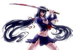  angry black_hair blood blood-c blood-c_the_last_dark highres katana kisaragi_saya long_hair midriff navel over_shoulder pleated_skirt red_eyes school_uniform skirt solo sword torn_clothes twintails very_long_hair weapon weapon_over_shoulder white_background zhen_long 