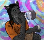  abstract abstract_background anthro black_fur black_hair cheetah claws clothed clothing cryme_the_cheetah drinking febreze feline fluffy_panther fur green_eyes green_hair hair hybrid jaguar jewelry long_hair mammal panther paws sketchy whiskers 