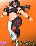  1girl agawa_ryou aqua_eyes bare_shoulders black_hair bracer breasts cleavage female heterochromia huge_breasts jumping lips long_hair mask mound_of_venus navel pants red_eyes solo sport tank_top wrestling 