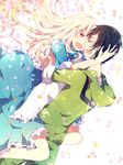  1girl bad_id bad_pixiv_id black_hair closed_eyes couple dress flower hand_on_another's_head hetero hood hoodie hug kagerou_project kozakura_marry long_hair nyowaa417 petals red_eyes seto_kousuke short_hair smile 