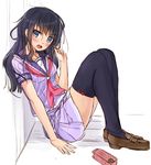  black_hair blue_eyes blush eating food food_on_face kazeno loafers long_hair original school_uniform serafuku shoes sitting solo thighhighs zettai_ryouiki 