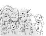  closed_eyes commentary_request greyscale hairband hands_up haruna_(kantai_collection) hiei_(kantai_collection) huddle kantai_collection kirishima_(kantai_collection) kongou_(kantai_collection) left_out long_hair minazuki_tsuyuha monochrome multiple_girls nontraditional_miko short_hair smile sweat 