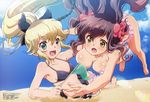  absurdres beach bikini blonde_hair blue_eyes bow breasts brown_hair cleavage cloud day fang flag flat_chest hair_bow highres kanojo_ga_flag_wo_oraretara legs mahougasawa_akane megami multiple_girls nanami_k_bladefield non-web_source official_art open_mouth outdoors ponytail sky swimsuit wardrobe_malfunction yabumoto_kazuhiko yellow_eyes 